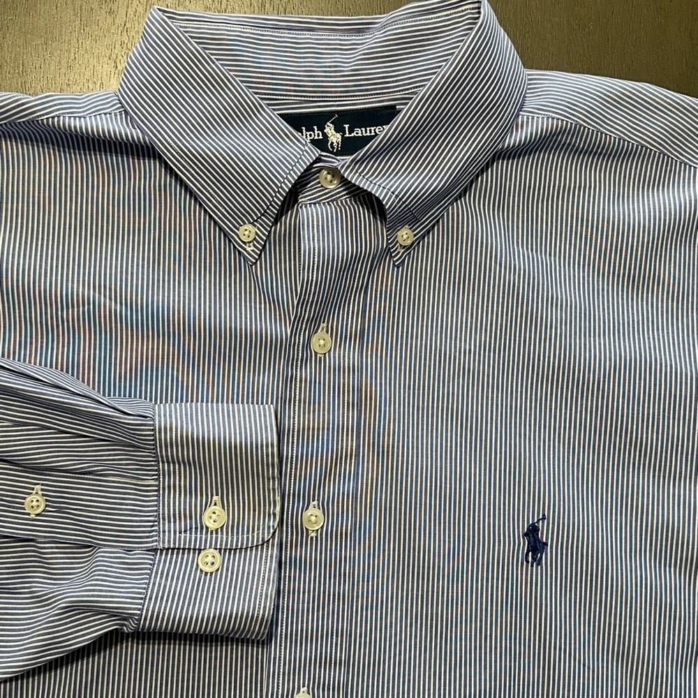 Ralph Lauren Shirt Adult 17  36/37 LT Blue White Pony Preppy Striped Casual Mens